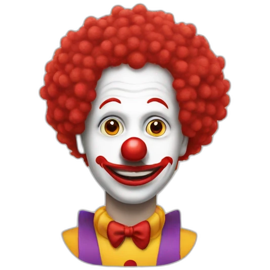 a man in a clown costume wearing clown makeup, a big round red nose and wearing a red afro wig emoji
