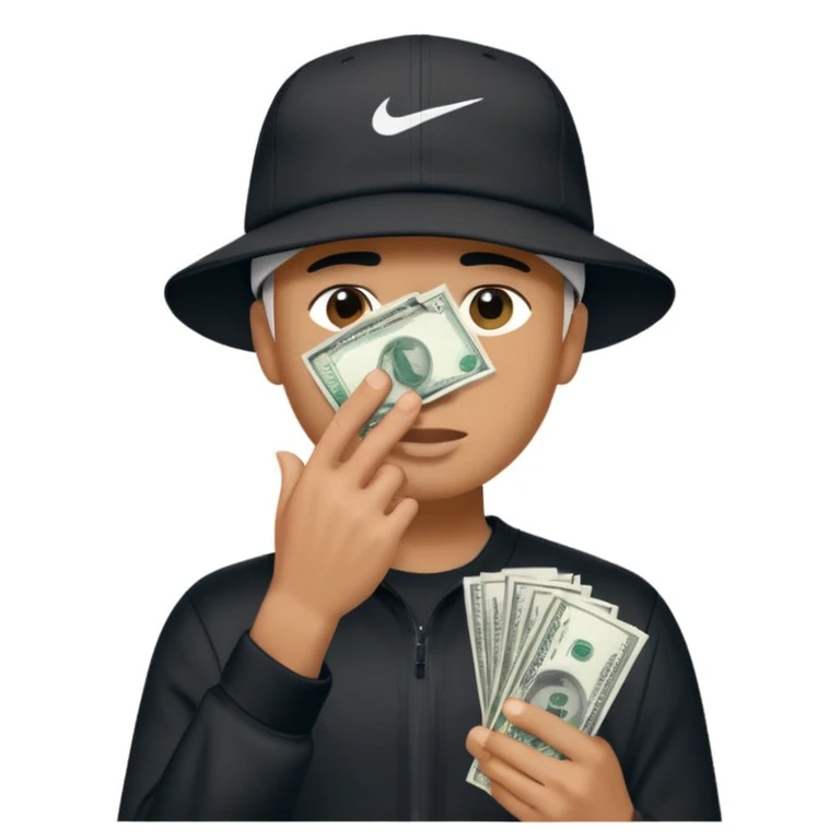 Man with money in his hand covering his face wearing a white and black hat and a Nike tech  emoji