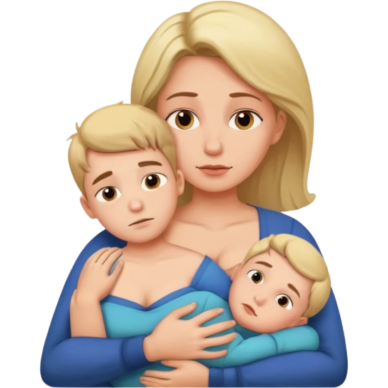 A boy rests his face against his mother's chest.  His mother has large breasts. emoji