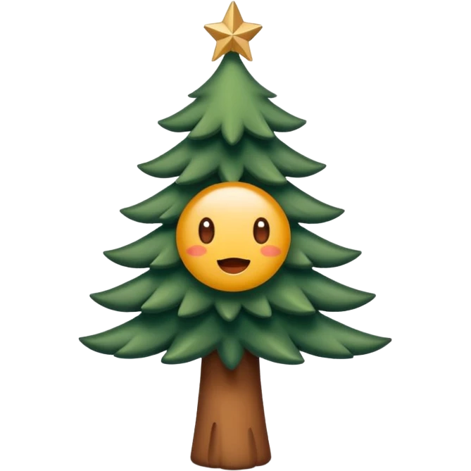 Un emoji représentant un petit sapin stylisé, sans bouche, avec deux grands yeux de biche brillants couleur cannelle. Style minimaliste, mignon et expressif, comme un sticker ou un emoji moderne. Fond parfaitement transparent, haute qualité, bien centré. emoji