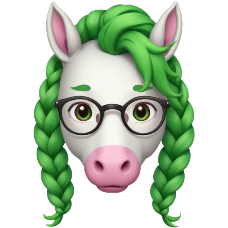 braided unicorn wiith big visible braids looking into the camera spectacled green hair and no ears emoji