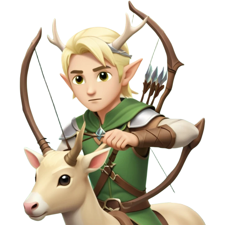 clash-of-clans-aesthetic-blond-male elf-archer-portrait-emoji, rendered in a flat, vector-style with minimal shading and bold holding his bow, simplified shapes, head tilted slightly forward with a determined, focused expression, riding a majestic white stag whose antlers glow with mystical energy, set against an ancient, enchanted forest backdrop. emoji