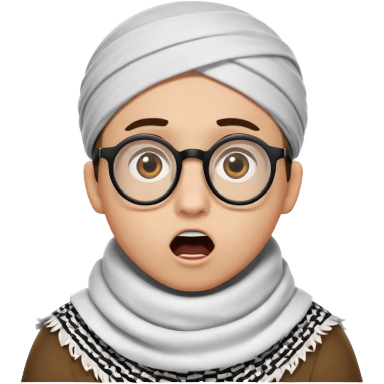 A person with light skin tone, wearing a traditional white keffiyeh with a black agal, large brown eyes, round glasses, and an open mouth showing a surprised or shocked expression. emoji