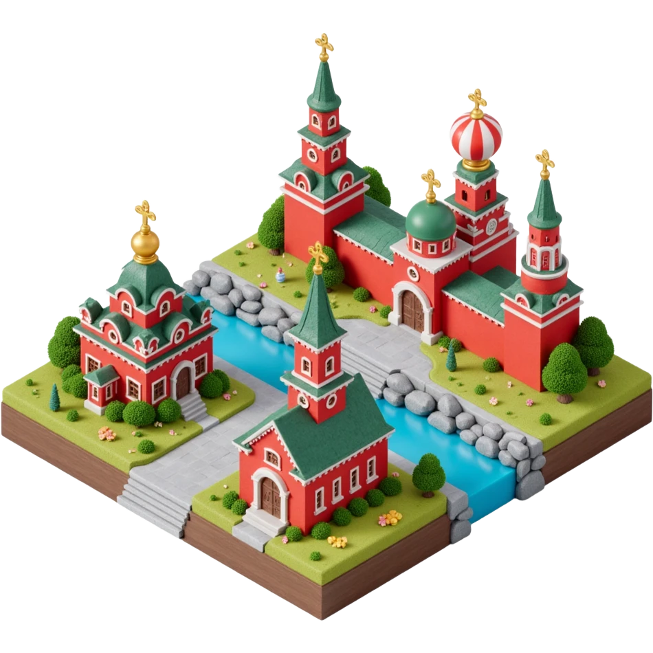 Isometric miniature 3D city with iconic landmarks of Moscow, colorful stylized buildings, cartoon realism emoji