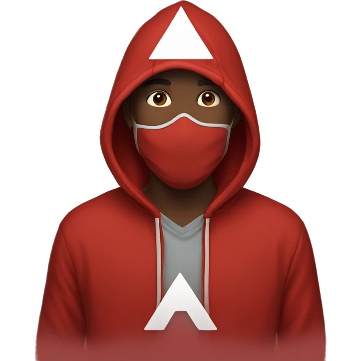 Man wearing red hoodie with a all back mask that has a white triangle printed on The mask emoji