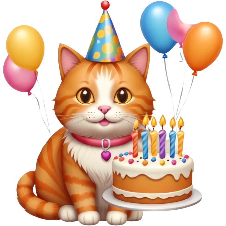 Ginger cat celebrates birthday, birthday hat, birthday cake, balloons, happy emoji