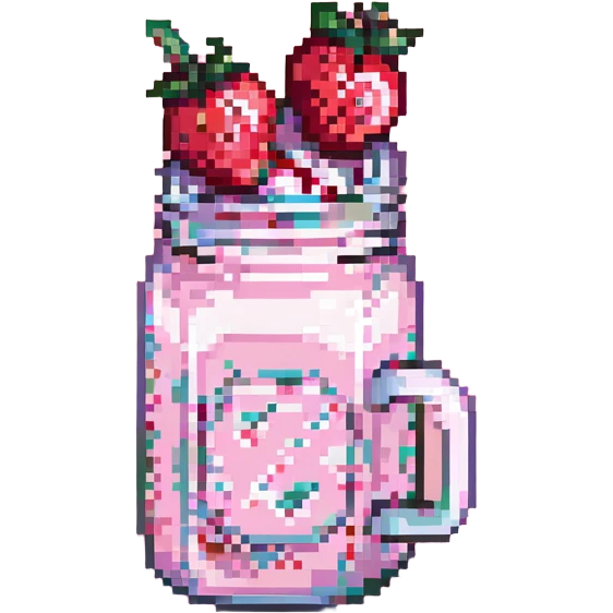 pixel art strawberry milkshake with pink hue and cherry on top, glass mug, extra cherries, pastel background emoji