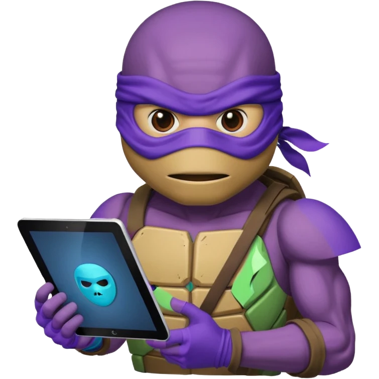 Donatello from Teenage Mutant Ninja Turtles, emoji style, using a tablet with a hacking screen, with a blue hacking interface emoji