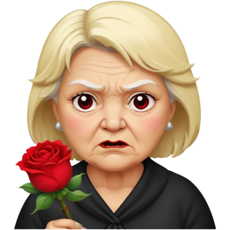 fat old lady holding a rose with blonde hair and an angry expression emoji