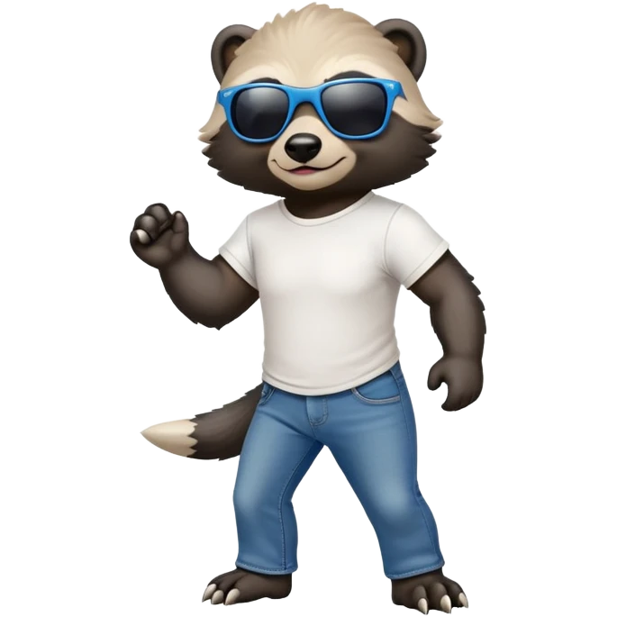 friendly anthropomorphised honey badger in jeans and a t-shirt, wearing sunglasses, walking upright, standard pose emoji
