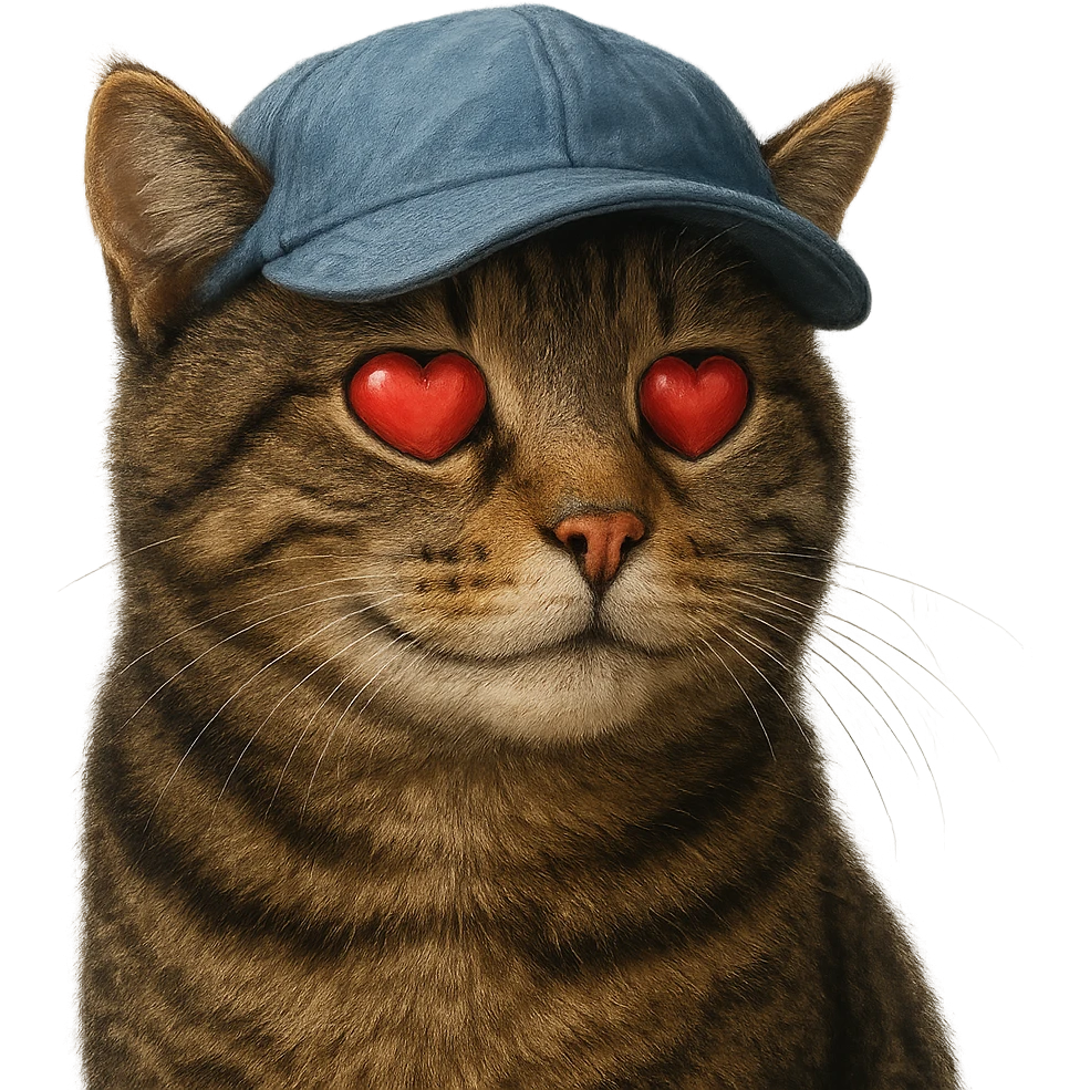 Make the cat with a love expression (heart eyes or loving smile) look a little more realistic, keep the blue cap, and set the background to transparent. The style should maintain the original look but with enhanced realism. emoji