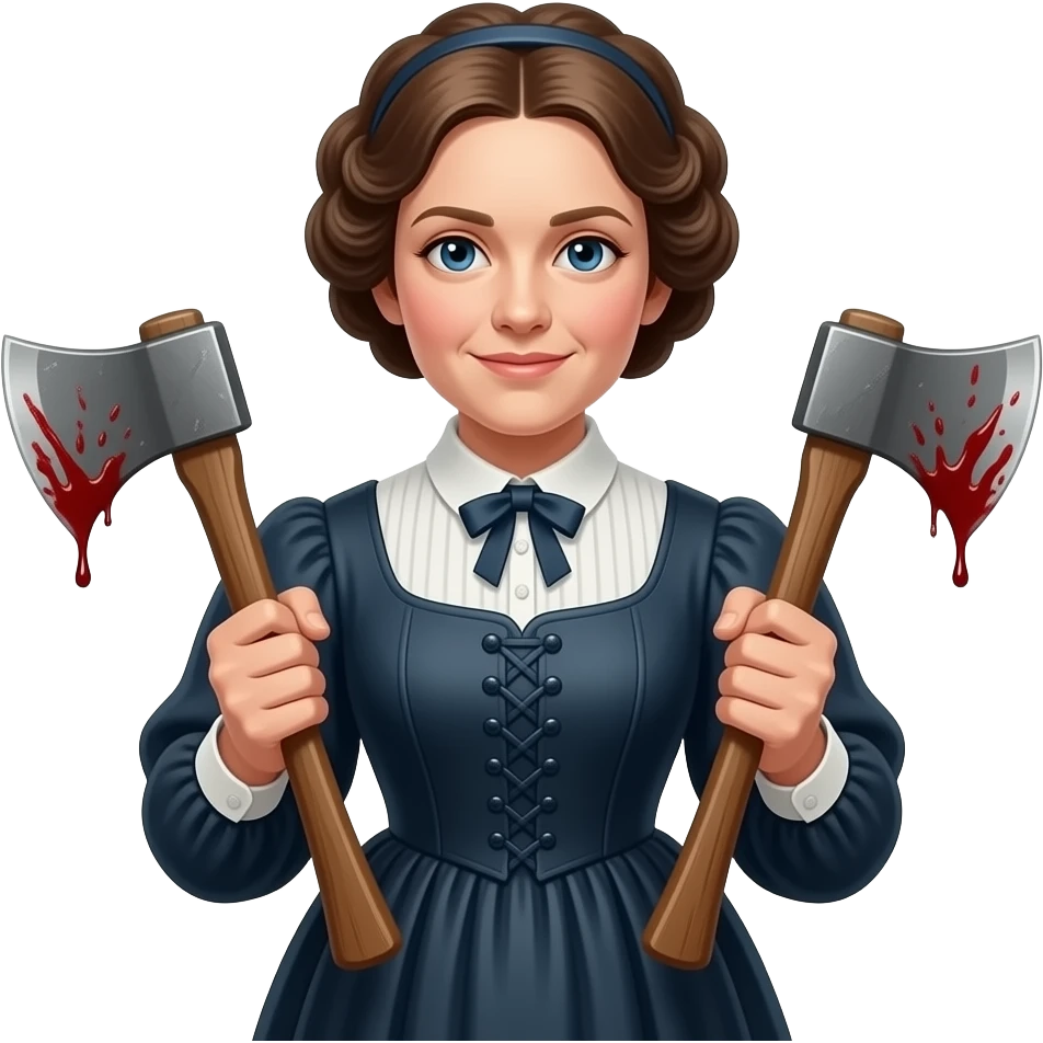 lizzie borden looking hot dog holding two bloody axes in an old timey dress emoji