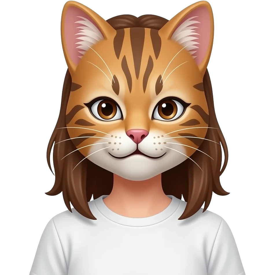 A girl wearing a gnarpy therian cat mask on her face with brown hair and brown eyes with a blank white shirt emoji