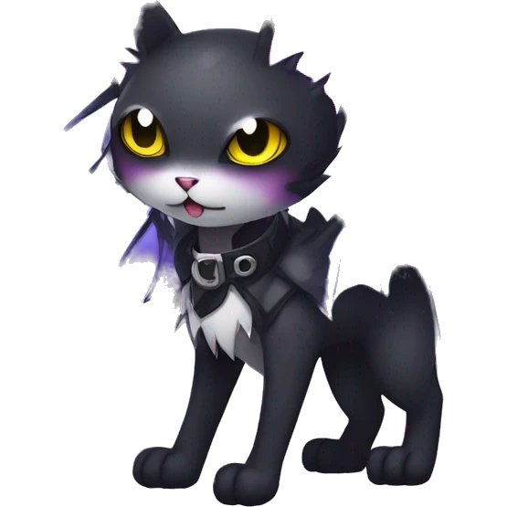   cool edgy kawaii anime-style ethereal dark-punk-themed animal vampiric cat-hybrid Fakemon with fangs and bat-wing-ears with a collar full body emoji