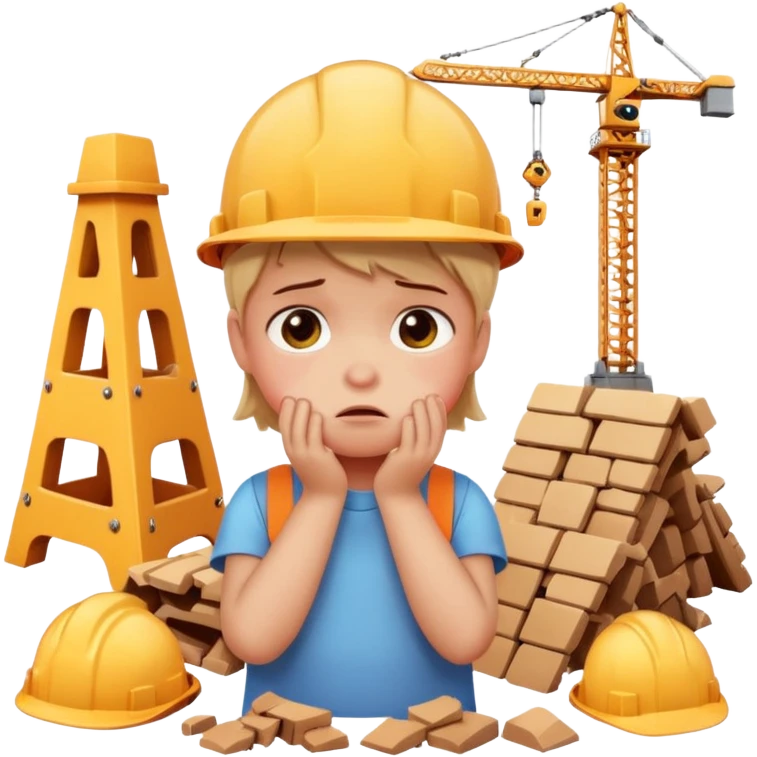 small child looking at a toppled construction set, sad expression, apple style emoji emoji