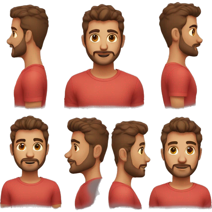 youn man, latin,washed out red shirt, semi curly short hair, 3 day beard emoji
