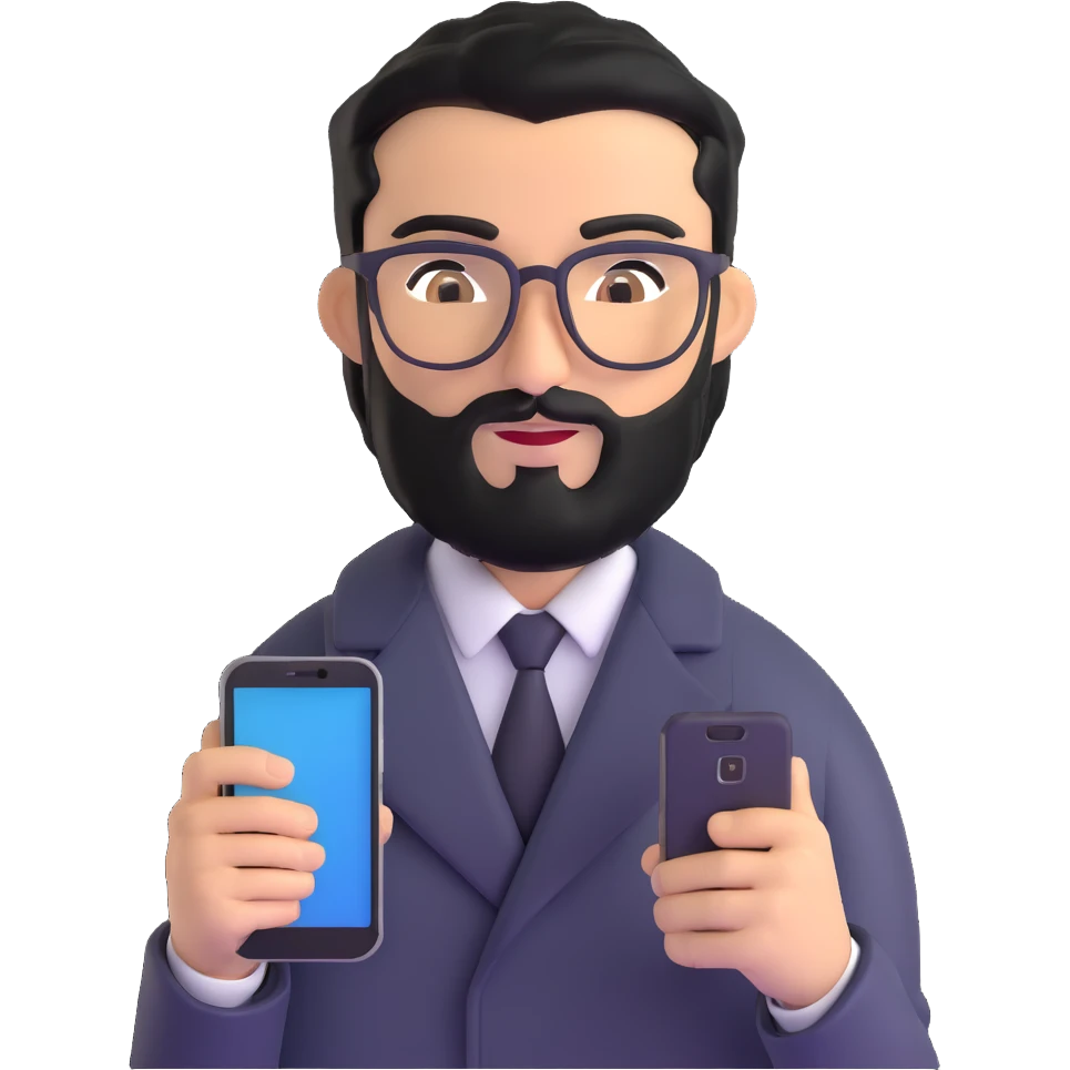 refined professional man standing, wearing black coat, with medium black beard, black hair neatly combed to one side, connected unibrow, olive tan skin, brown eyes, glasses, prominent nose, clearly holding a smartphone in hand emoji