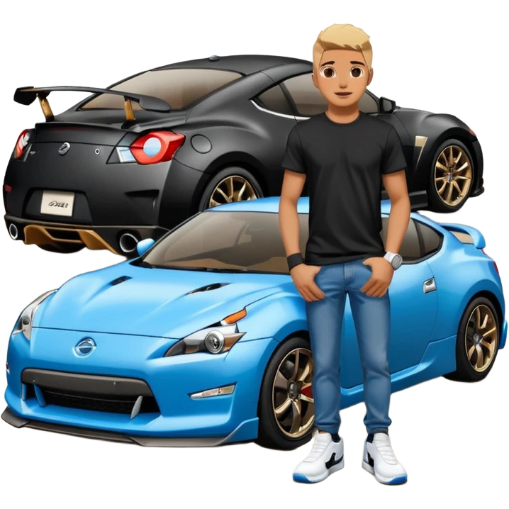 Grunge-style analog photo, London 2025, person inspired by the new reference image in model pose in front of a Nissan GT 86, black t-shirt, jeans, Nike Air Jordan low, using flash, analog grain, city night, 1/8. emoji