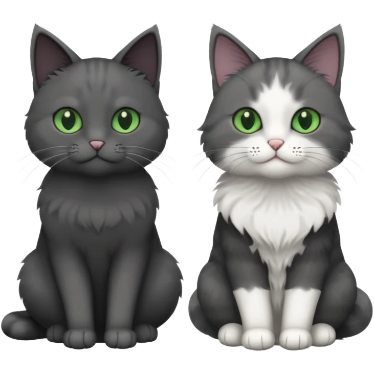 one dark grey and white cat and one completely solid dark grey cat with green eyes and only white paws emoji