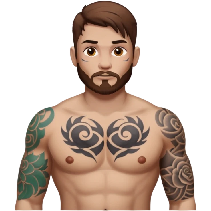 tattoo man, full  white skintone,brown hair, tattoos on face, more visible, bulky man with tattos on his chest, heavy tattoos. emoji