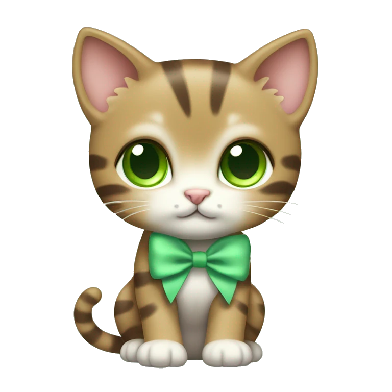 extremely cute kawaii brown tabby girl kitten with green eyes and pastel green bow full body emoji