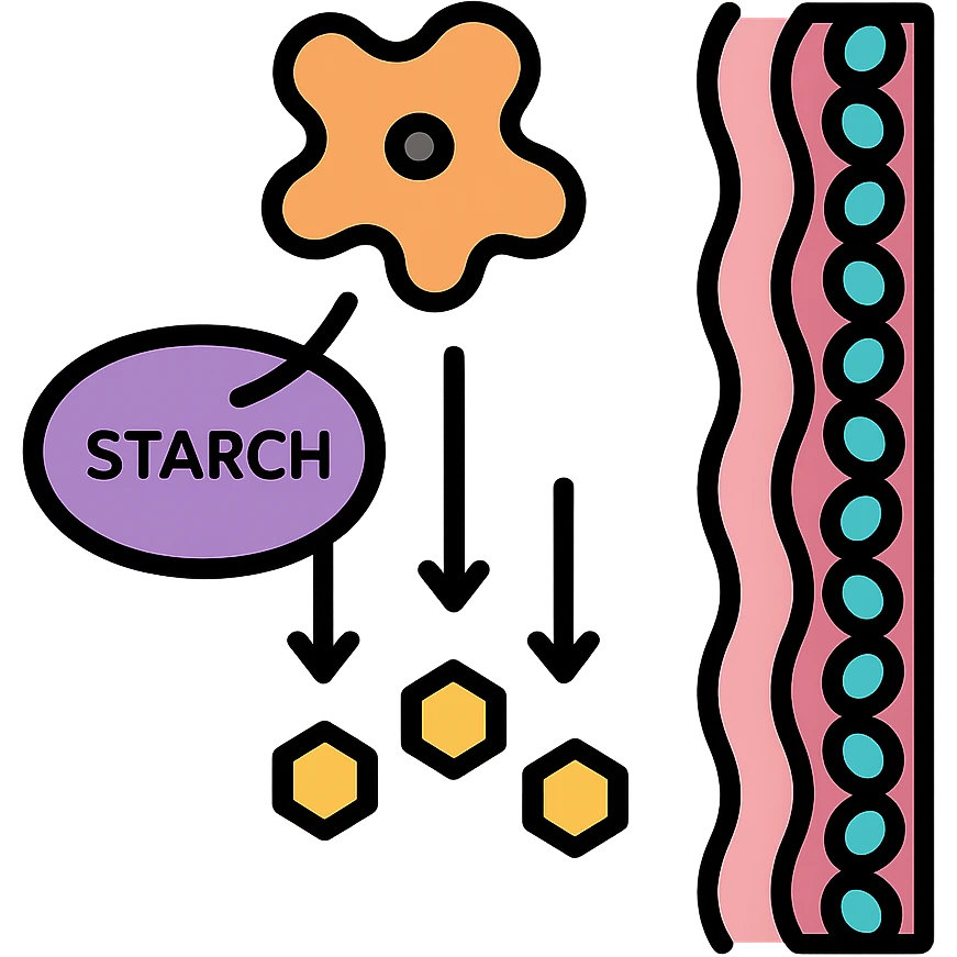 Ultra-detailed illustration of enzyme digestion: amylase breaking starch into sugars near a cell membrane. Clean white background, no text. Scientific but simple emoji