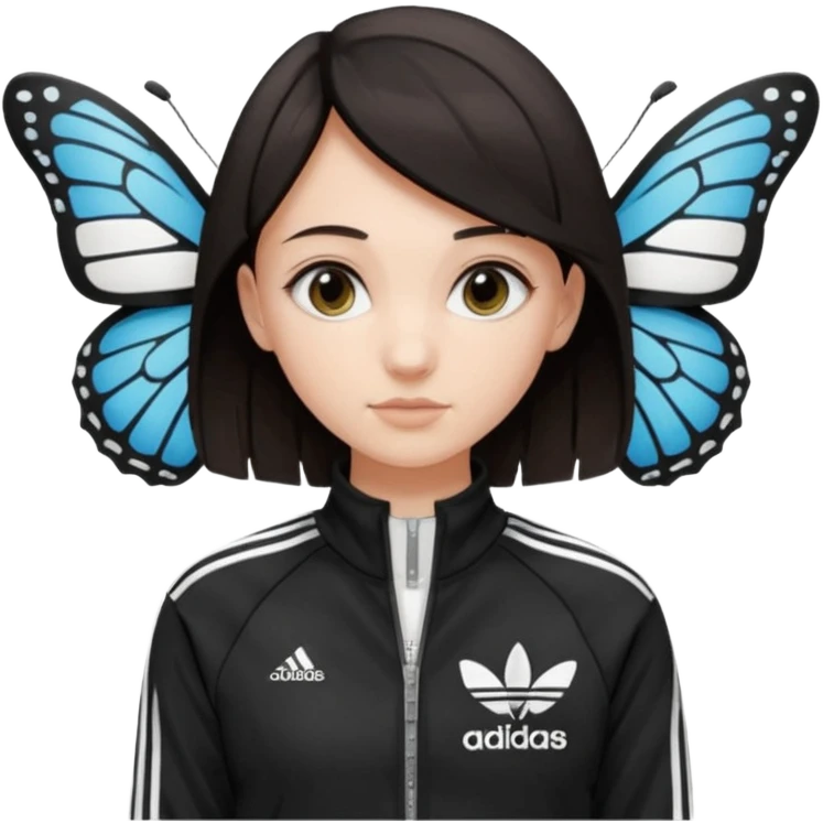 A girl with  medium length, dark hair, fair skin. The style is a butterfly  cut and wore black Adidas track jacket with white stripes on the sleeves. It has a full zipper down the front, a stand-up collar, and the Adidas logo on the right chest emoji emoji