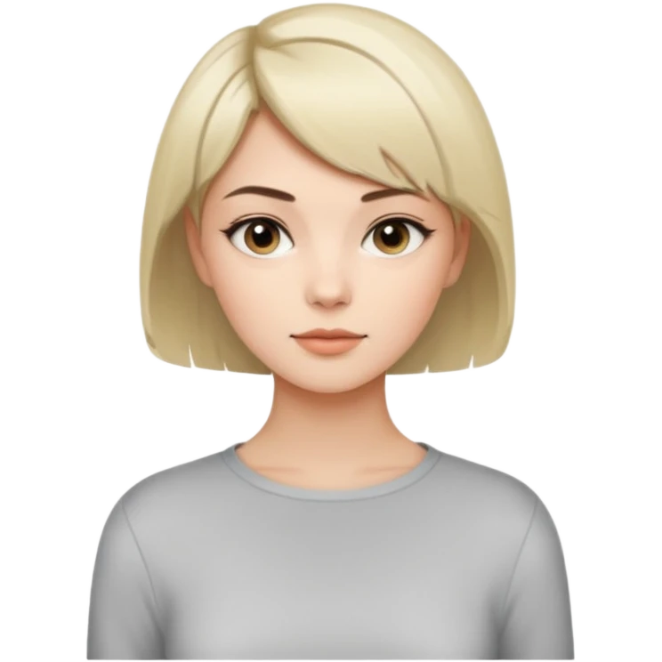 Молодая женщина с короткой современной стрижкой, открытое лицо, минимальный макияж, простая рубашка или лонгслив в светлых тонах, стиль современный и деловой. emoji