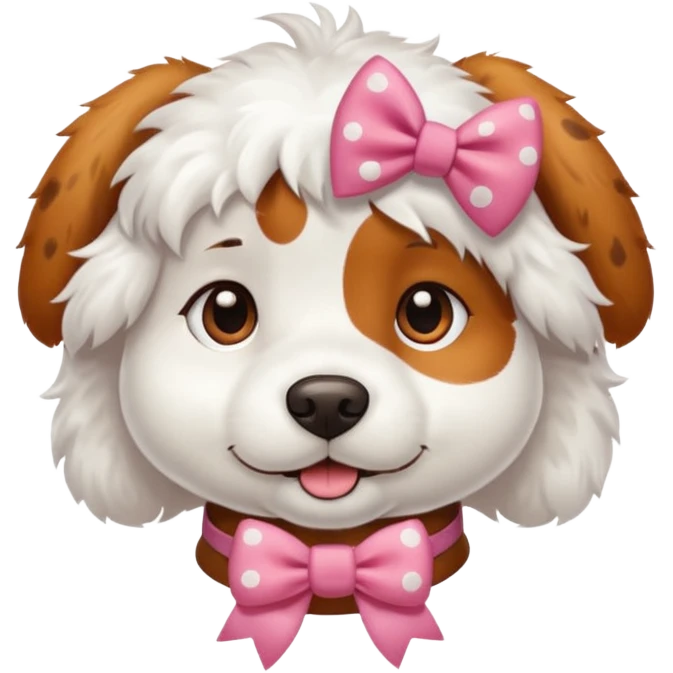 a white dog with brown spots and has a bow on her collar emoji