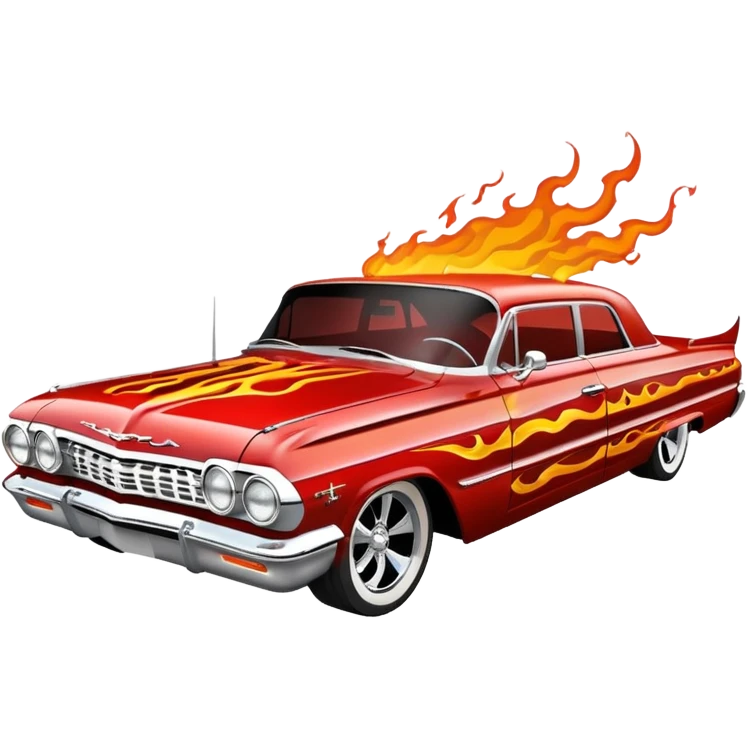 Satan’s streamlined Hot rod custom 1964 impala low rider four door themed painted hood flaming side-mounted under-door chrome exhaust pipes driving straight to hell  emoji