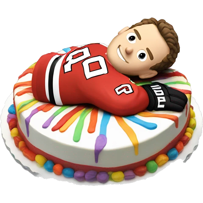 Jonathan Toews laying on a rainbow cake emoji