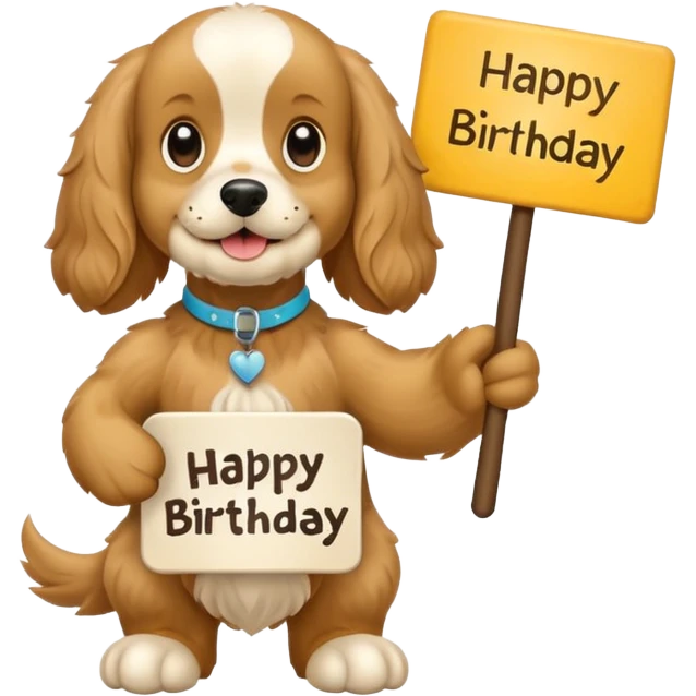 cocker spaniel holding sign that says “happy birthday amigo” emoji