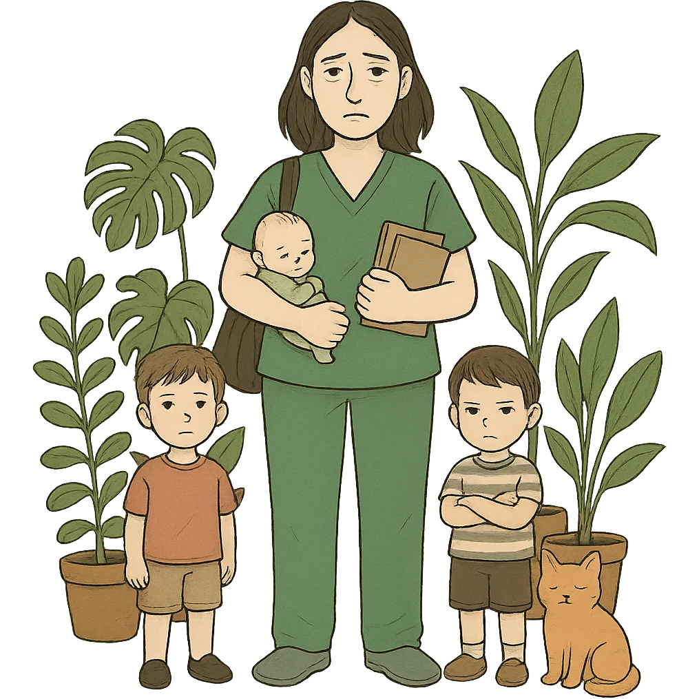 Edit the image to add two boys. The woman should be wearing Kelly green scrubs, with longer and darker hair. She should be tall and medium build, with pale skin, gray eyes, and a tired expression. Surround her with house plants and a cat. Remove the background entirely. emoji