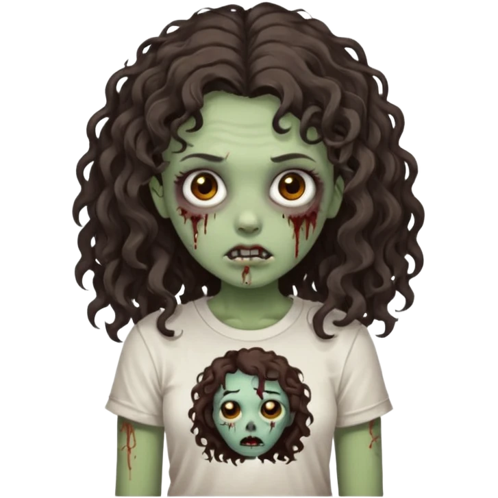 zombie girl with curly hair n brown eyes, dark and long hair 3a with wavy scalp, just a tshirt Ok but less curls and hair under te shoulder emoji