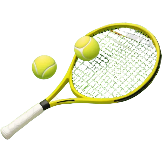 A tennis racket and a ball placed on the ground, with a tennis court in the background. The court lines and net are visible, emphasizing the structure and focus of the sport, creating a dynamic and energetic vibe. emoji