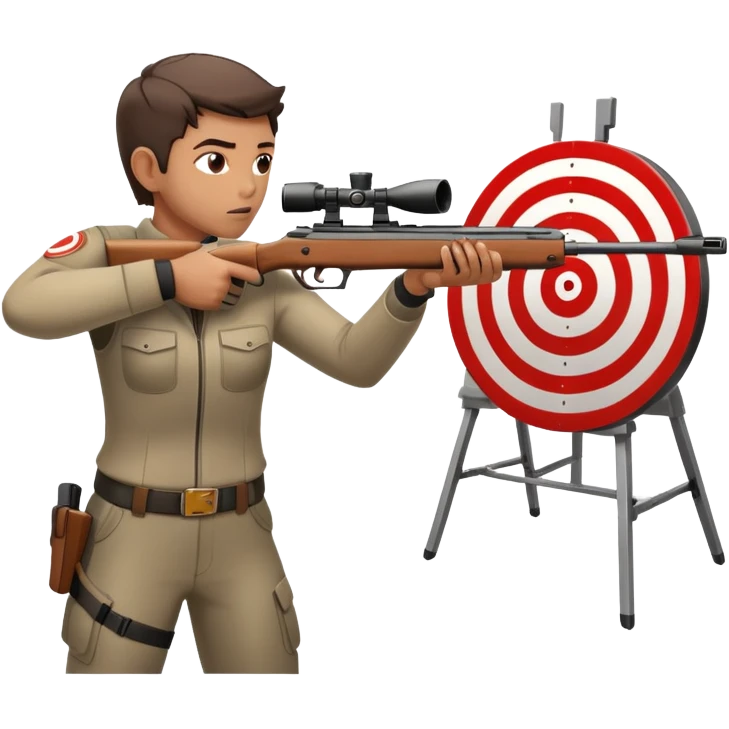 A focused shooter aiming a rifle at a target, standing in a shooting range with perfect posture. The target is in clear view, and the atmosphere is intense and precise, emphasizing concentration, accuracy, and discipline in the sport of shooting. emoji