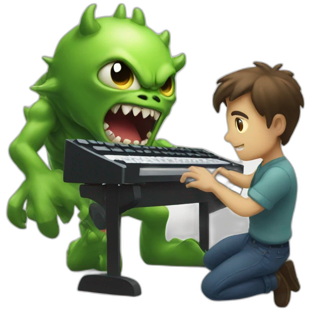 developper using a keyboard to fight a monster emoji