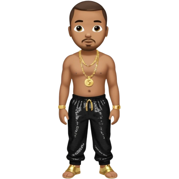 Timbaland with dark brown hair, black sequin baggy pants, shirtless with necklace emoji