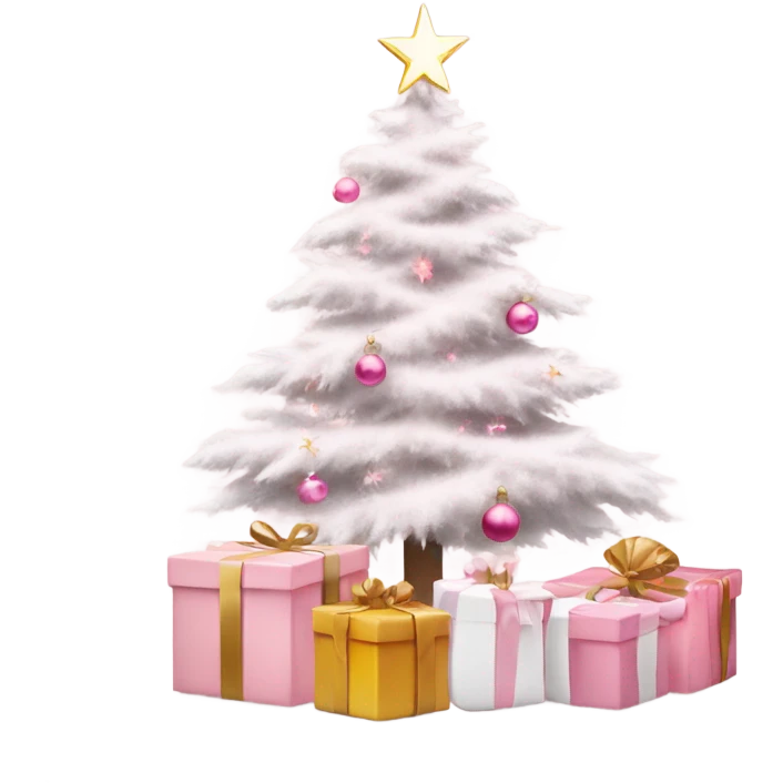 Light pink Christmas gifts under a white Christmas tree  emoji