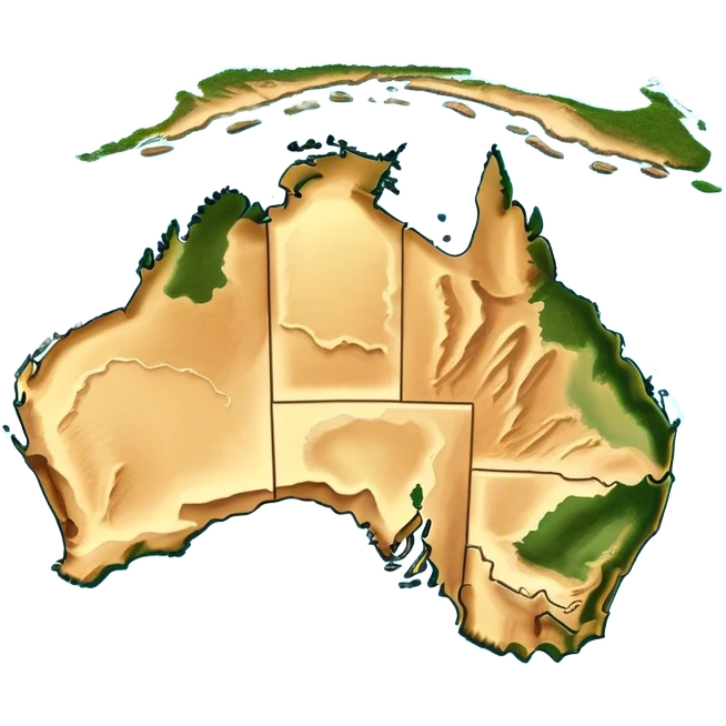 Outline and Landmass of Australia – map of Australia, featuring its distinct coastline and iconic landmass shape. The deep blue ocean surrounds the golden-brown continent, with subtle topographic details highlighting its vast deserts, lush forests, and rugged coastline. A soft glow accentuates the edges, making the shape unmistakable. emoji