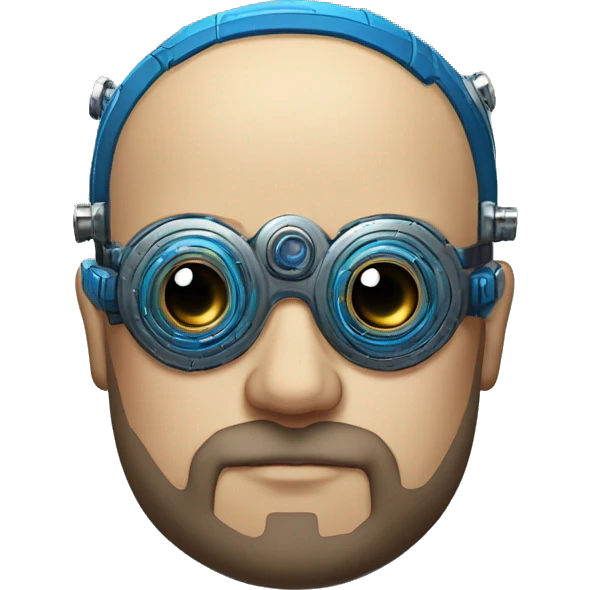 Bearded Fat bald cyborg head with tan skin, blue steampunk goggles and circuits emoji