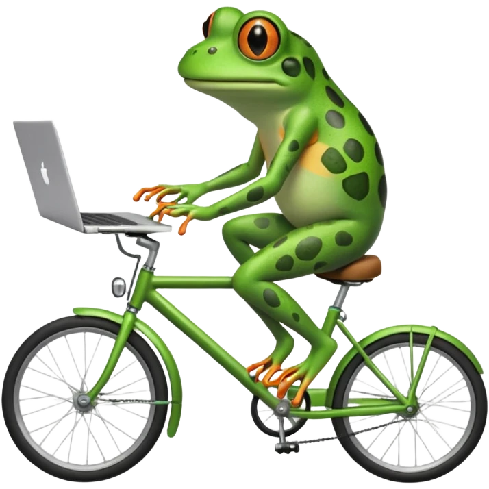 quirky frog balancing a laptop on a bike, working as it rides emoji