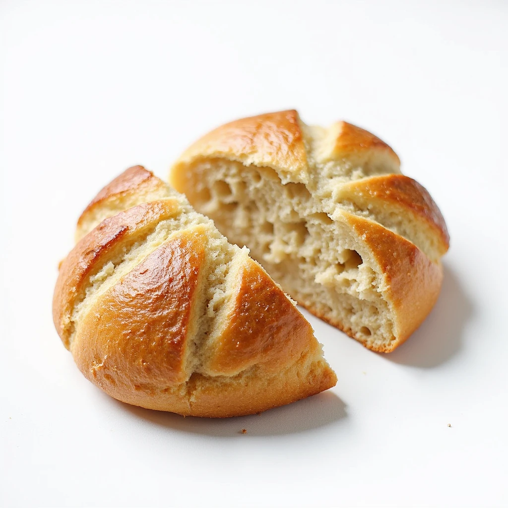 A Brioche Pasquier pain au lait split open, highlighting its airy crumb and fresh look, in a photorealistic style. emoji
