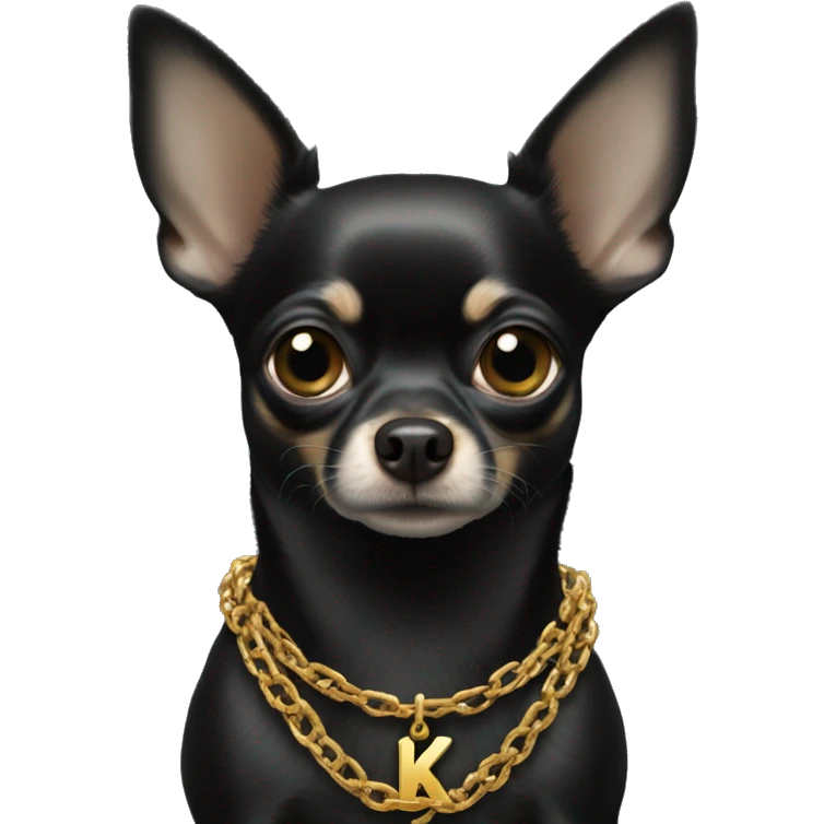 Full image of Black chihuahua wearing golden chain with letter k emoji