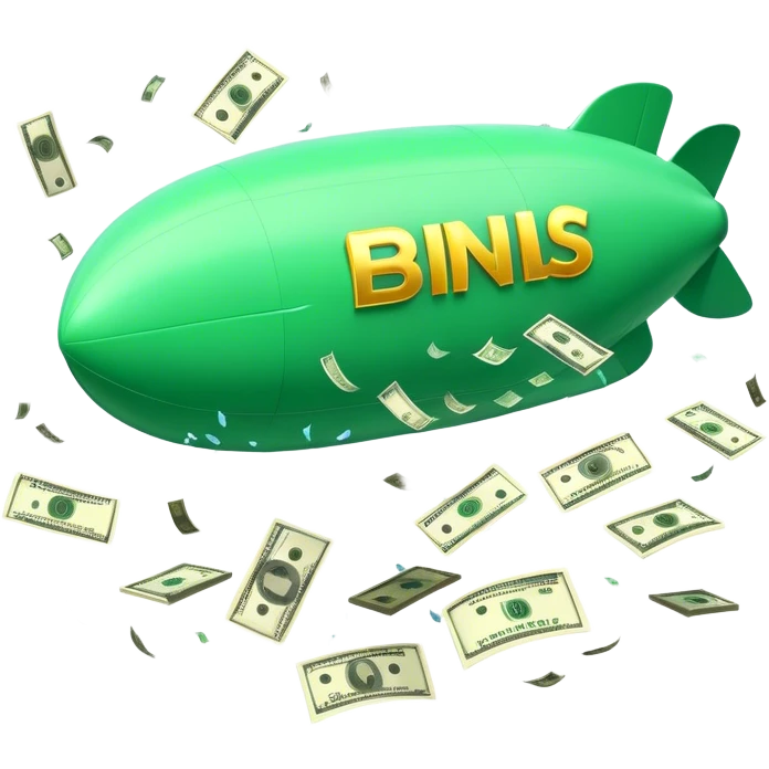 Create a cartoon-style blimp/airship with cash money bursting out from all sides. Money should be raining down dramatically from the blimp, with some bills floating through the air. The style should be vibrant and playful with a slight 3D effect. Include small details like dollar signs and ensure the imagery is clear even at small sizes. emoji