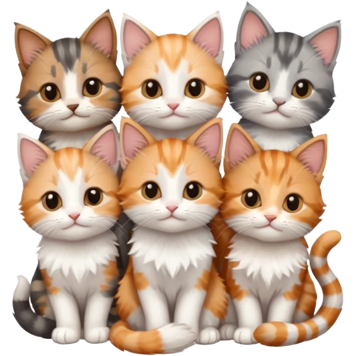 6 tiny kittens cuddling together all various different natural colours including grey and white, ginger and white, calico, grey, and brown tabby and white emoji