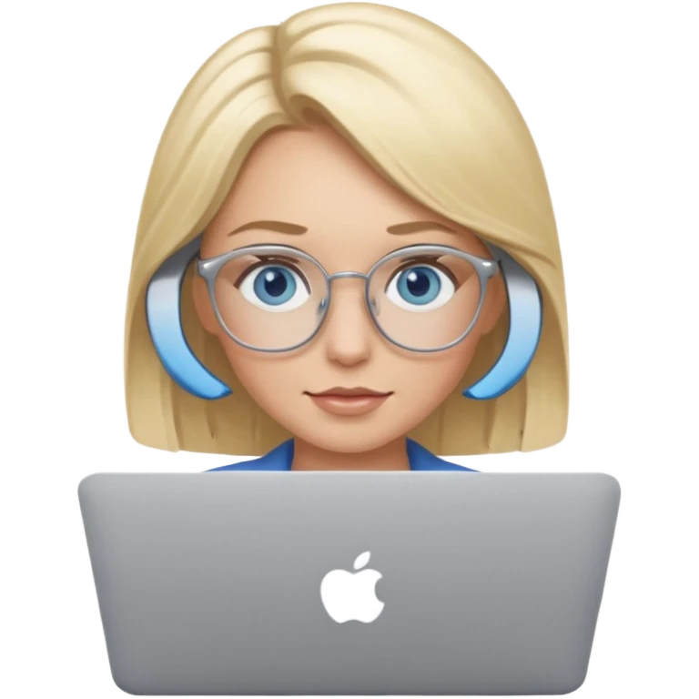 blonde hair woman blue eyes on mac lap top with glasses emoji