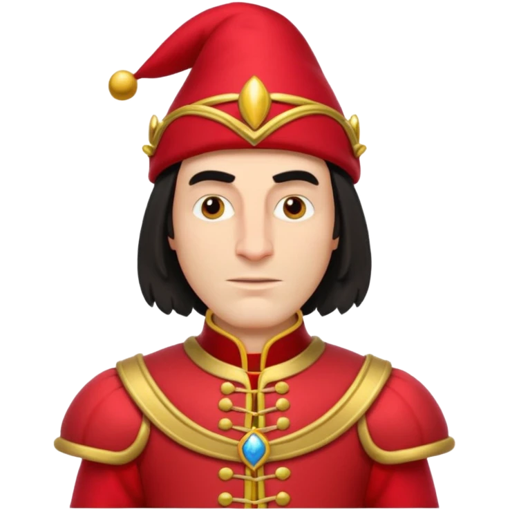 lord farquad avec un chapeau rouge plat sur le dessus, il a un vetement rouge avec des manches bouffantes rouge et dorée emoji