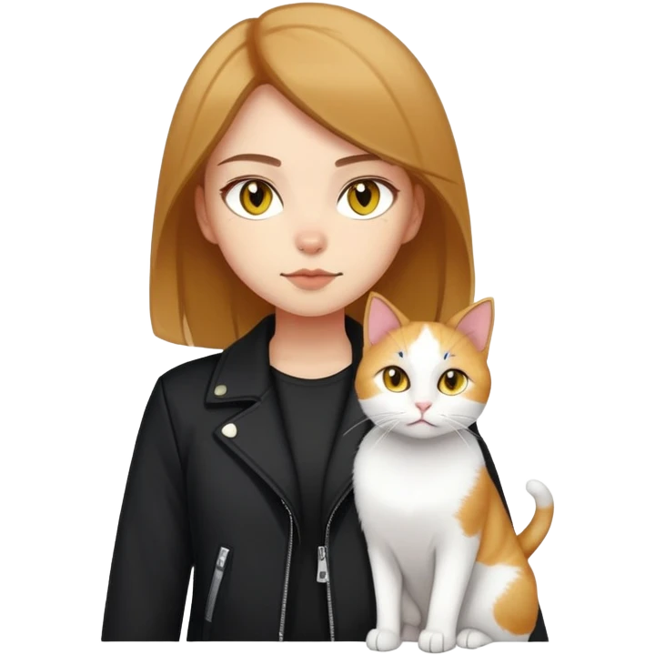A light-skinned brown straight-haired girl wearing black jacket, along with two cats. One cat is pure white cat with yellow eyes, another is a calico cat emoji