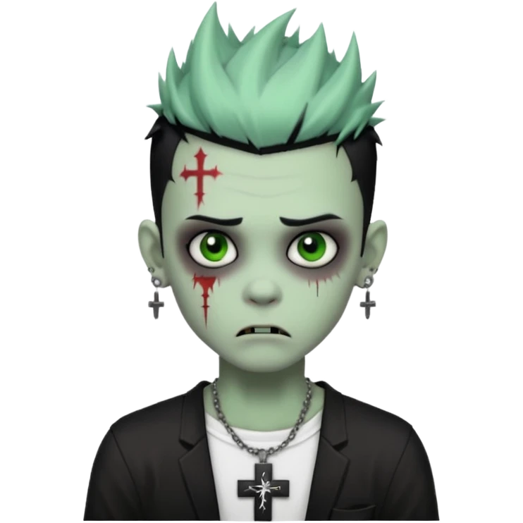 zombie boy with spiky emo black hair and white shirt , tattos, a risk on the eyebrow, earings,  a necklace with a cross, green skin emoji  emoji